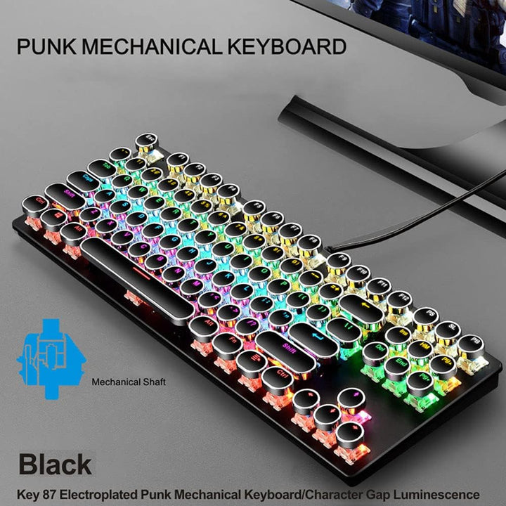 Mechanická herní klávesnice s 87 klávesami, RGB podsvícením a modrými spínači.