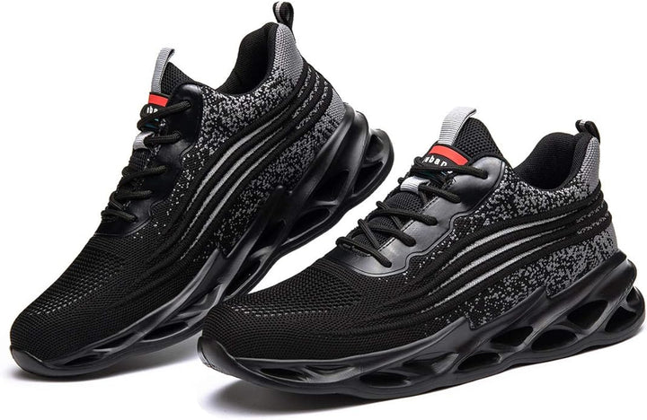 Schwarze Sportschuhe mit Mesh-Obermaterial, rutschfeste Sohle, ideal für Laufen und Fitness.