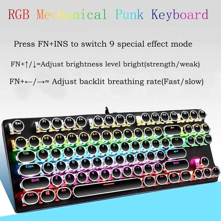 Mechanická herní klávesnice s 87 klávesami, RGB podsvícením a modrými spínači.