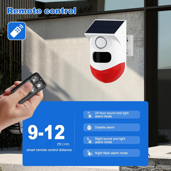 Solární pohybový alarm s 120 dB sirénou a LED stroboskopem – Feronix