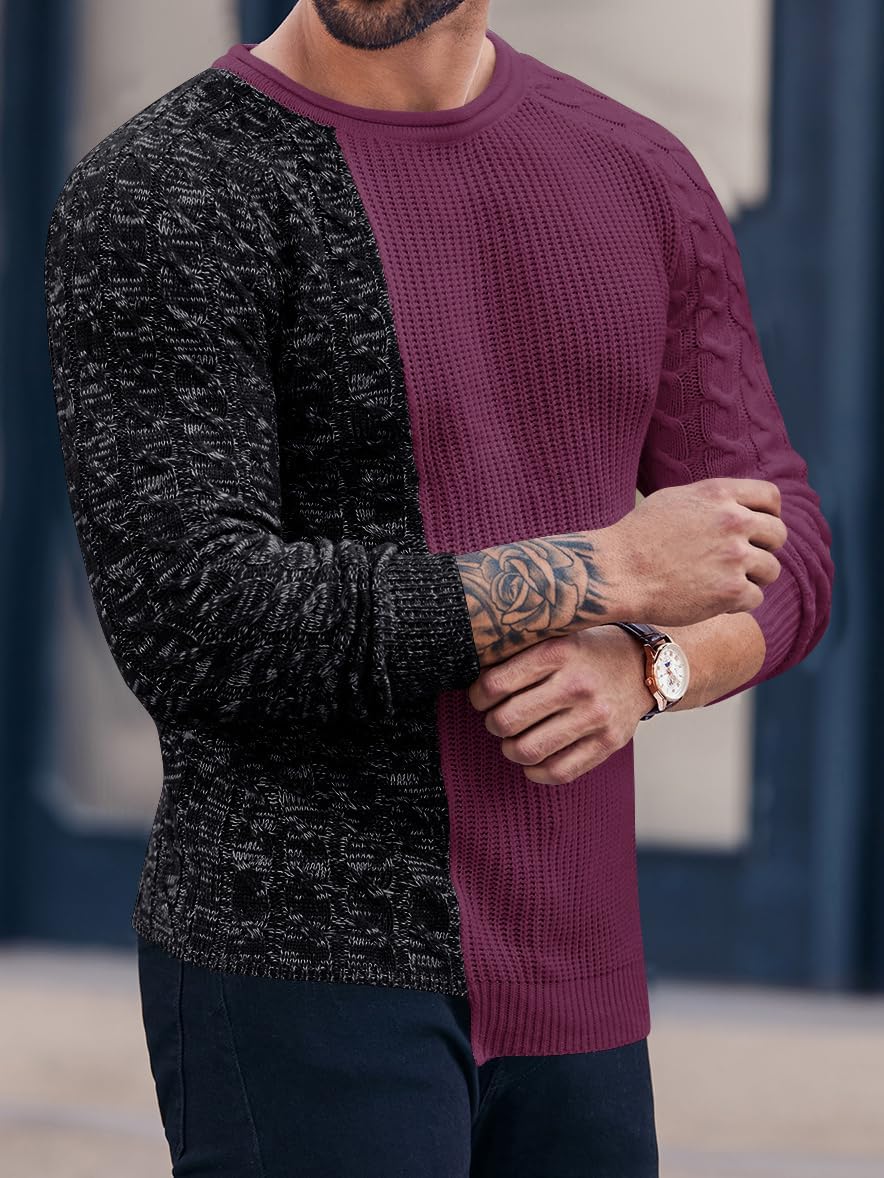 Männerpullover zweifarbig, schwarz-bordeaux, Strickmuster, langärmelig, modisch, Herbstmode.