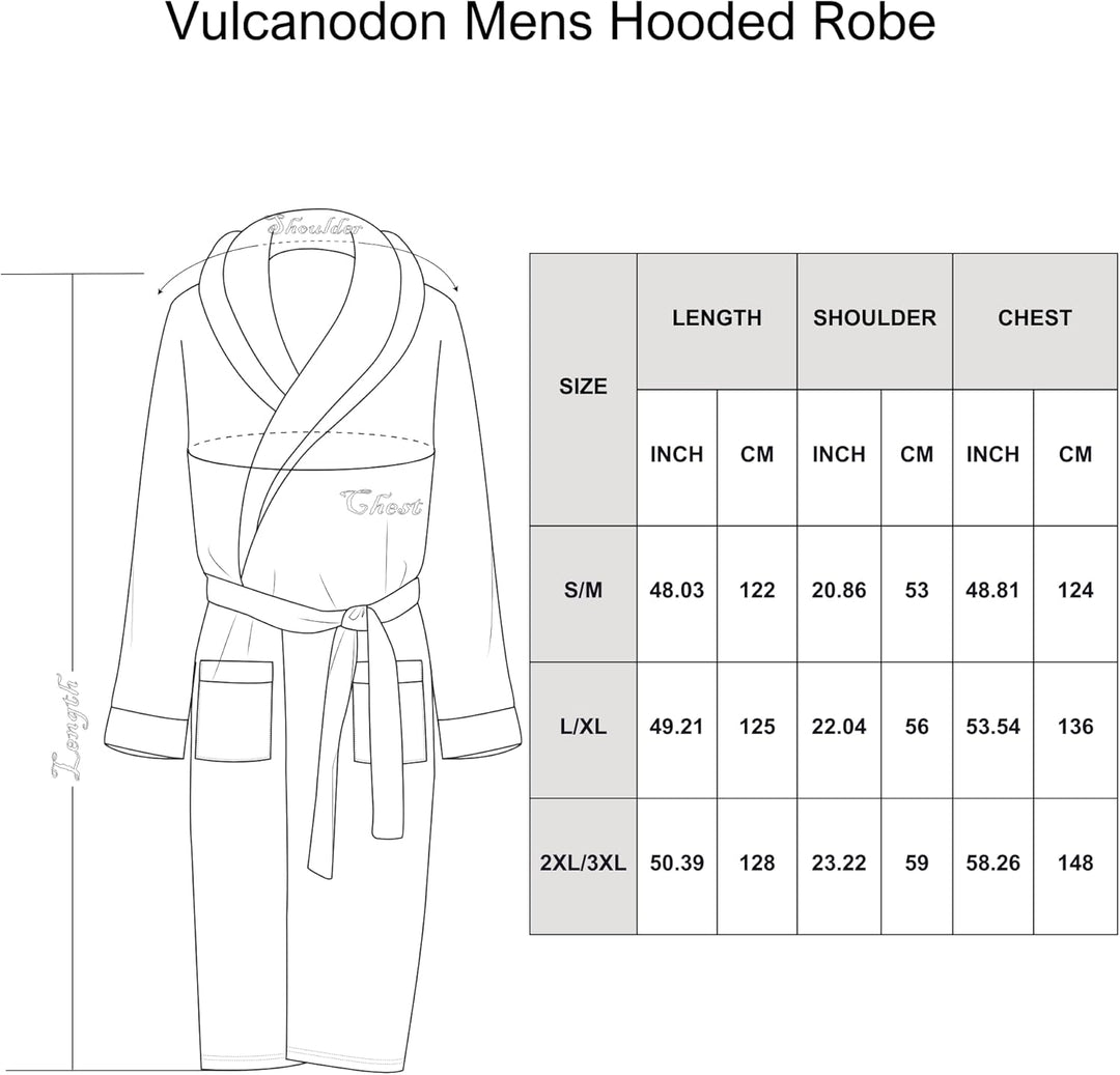 Vulcanodon Herren Kapuzenbademantel, Größenübersicht, Baumwolle, Grau, S/M bis 2XL/3XL.