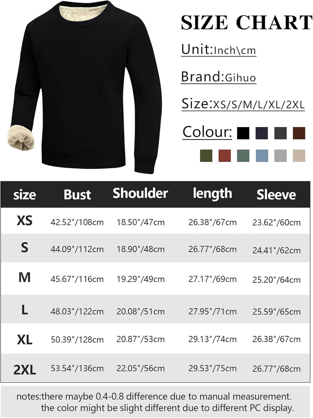 Größentabelle für schwarzen Gihuo Pullover, XS bis 2XL, Baumwolle, verschiedene Farben.