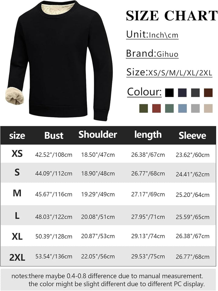 Größentabelle für schwarzen Gihuo Pullover, XS bis 2XL, Baumwolle, verschiedene Farben.