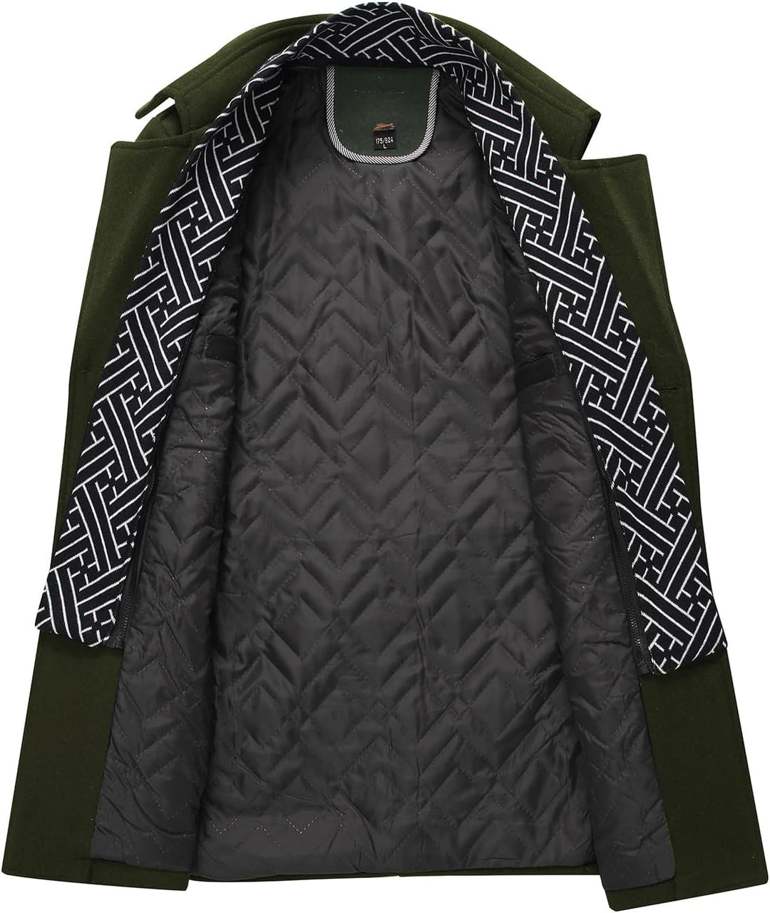 Grüner Herrenmantel mit schwarzem, gestepptem Innenfutter und geometrischem Muster.