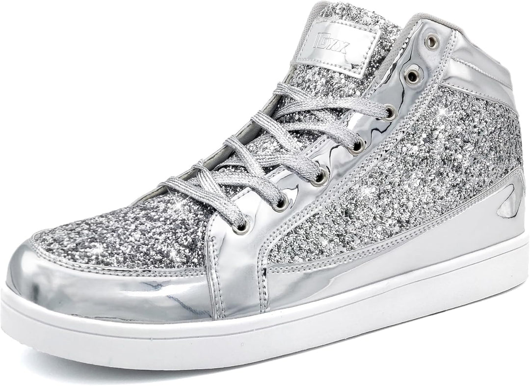 Silberne Glitzer-Sneaker, High-Top, modisch, glänzend, Schnürschuhe für Damen und Herren.