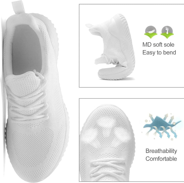 Weiße atmungsaktive Sneaker mit flexibler MD-Sohle, bequemes Design für Alltag und Sport.