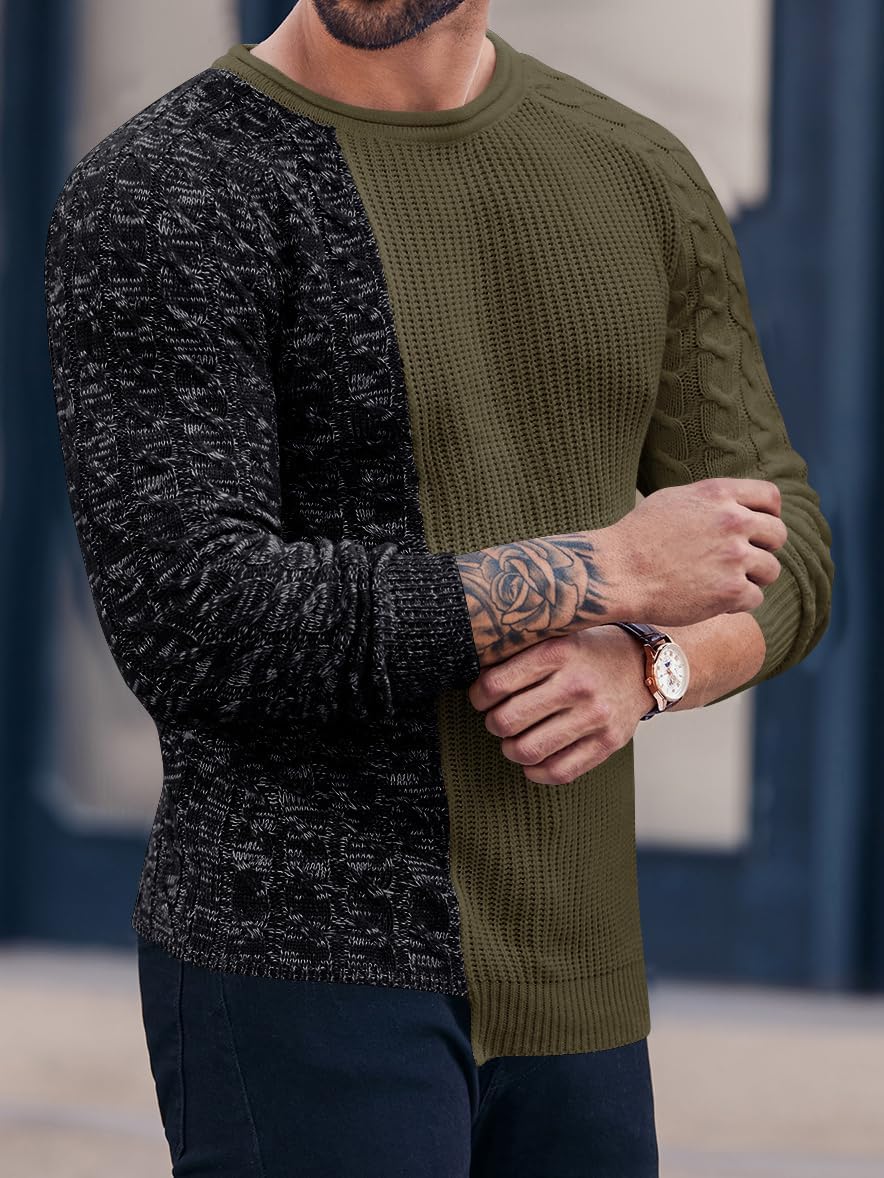 Männerpullover zweifarbig, schwarz-oliv, Strickmuster, langärmelig, modisch, Herbstmode.