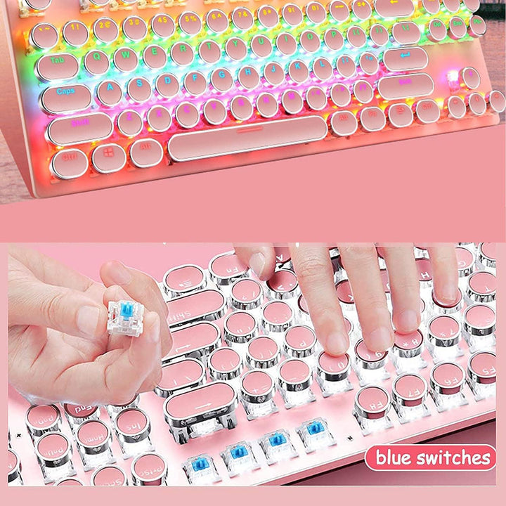 Mechanická herní klávesnice s 87 klávesami, RGB podsvícením a modrými spínači.