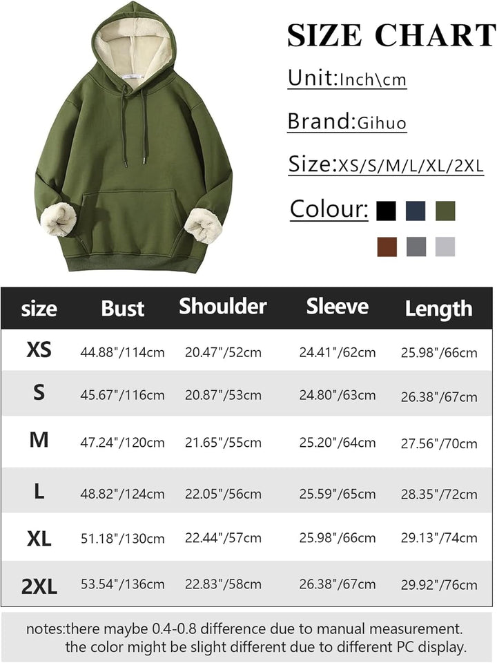Grüne Kapuzenpullover mit Größenübersicht, Gihuo Marke, XS-2XL, Baumwolle, Unisex.