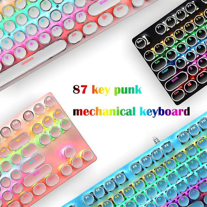 Mechanická herní klávesnice s 87 klávesami, RGB podsvícením a modrými spínači.