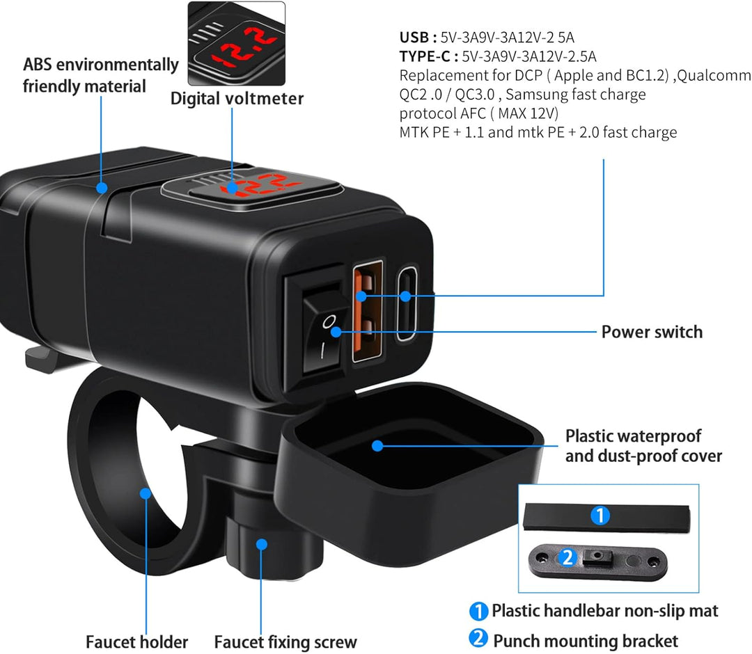 Motocyklová USB a USB‑C rychlonabíječka s voltmetrem – Drayvik