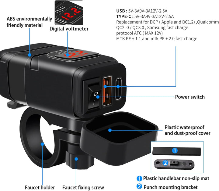 Motocyklová USB a USB‑C rychlonabíječka s voltmetrem – Drayvik