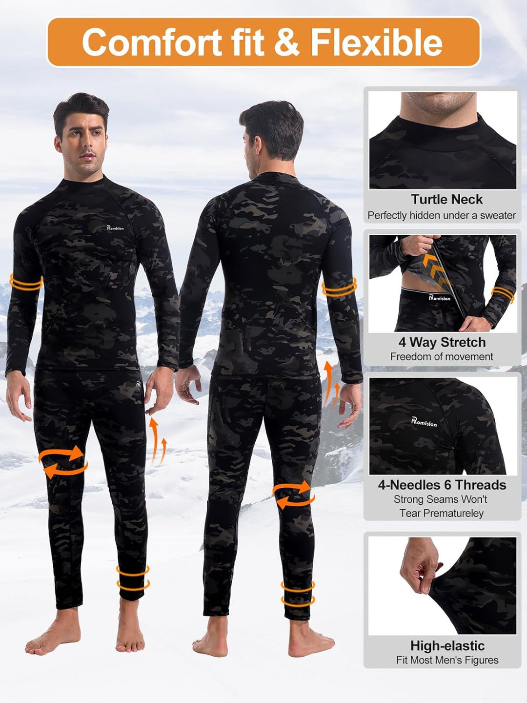 Schwarz-grauer Camouflage-Thermoanzug für Herren, elastisch, atmungsaktiv, komfortabel.