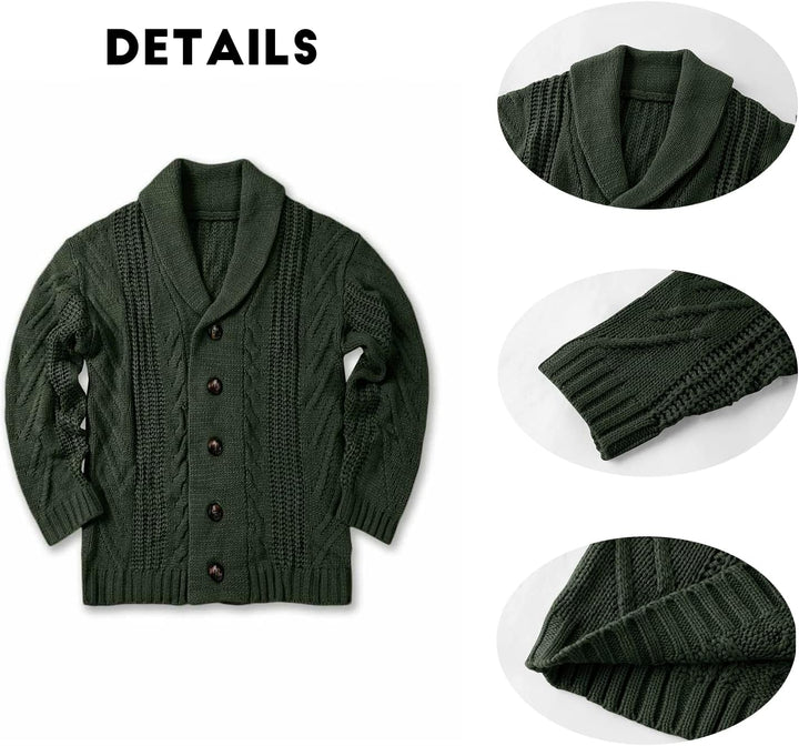 Dunkelgrüne Strickjacke mit Schalkragen, Zopfmuster, Knöpfen, Herrenmode, Winterkleidung.