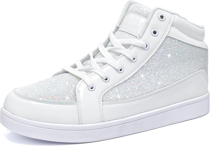 Weiße glitzernde High-Top-Sneaker mit Schnürsenkeln für Damen, modisch und bequem.