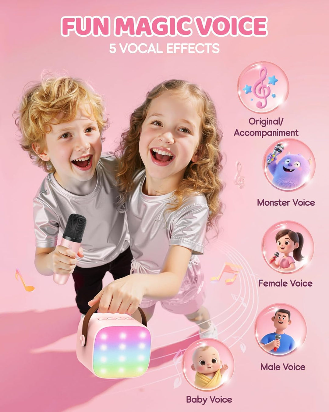 Přenosný mini karaoke přístroj s Bluetooth reproduktorem a 2 bezdrátovými mikrofony – Veylo