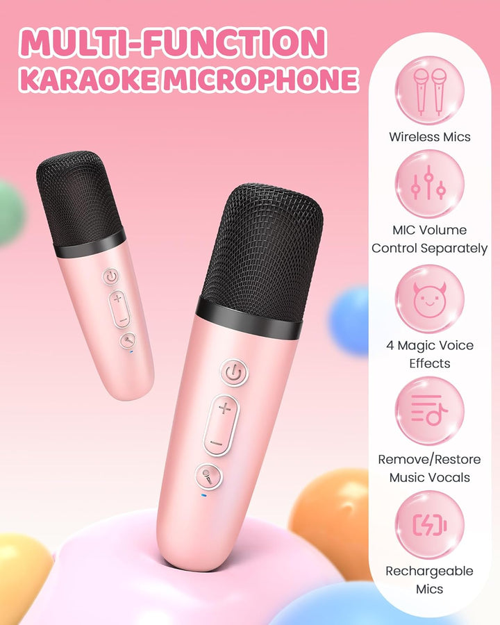 Přenosný mini karaoke přístroj s Bluetooth reproduktorem a 2 bezdrátovými mikrofony – Veylo