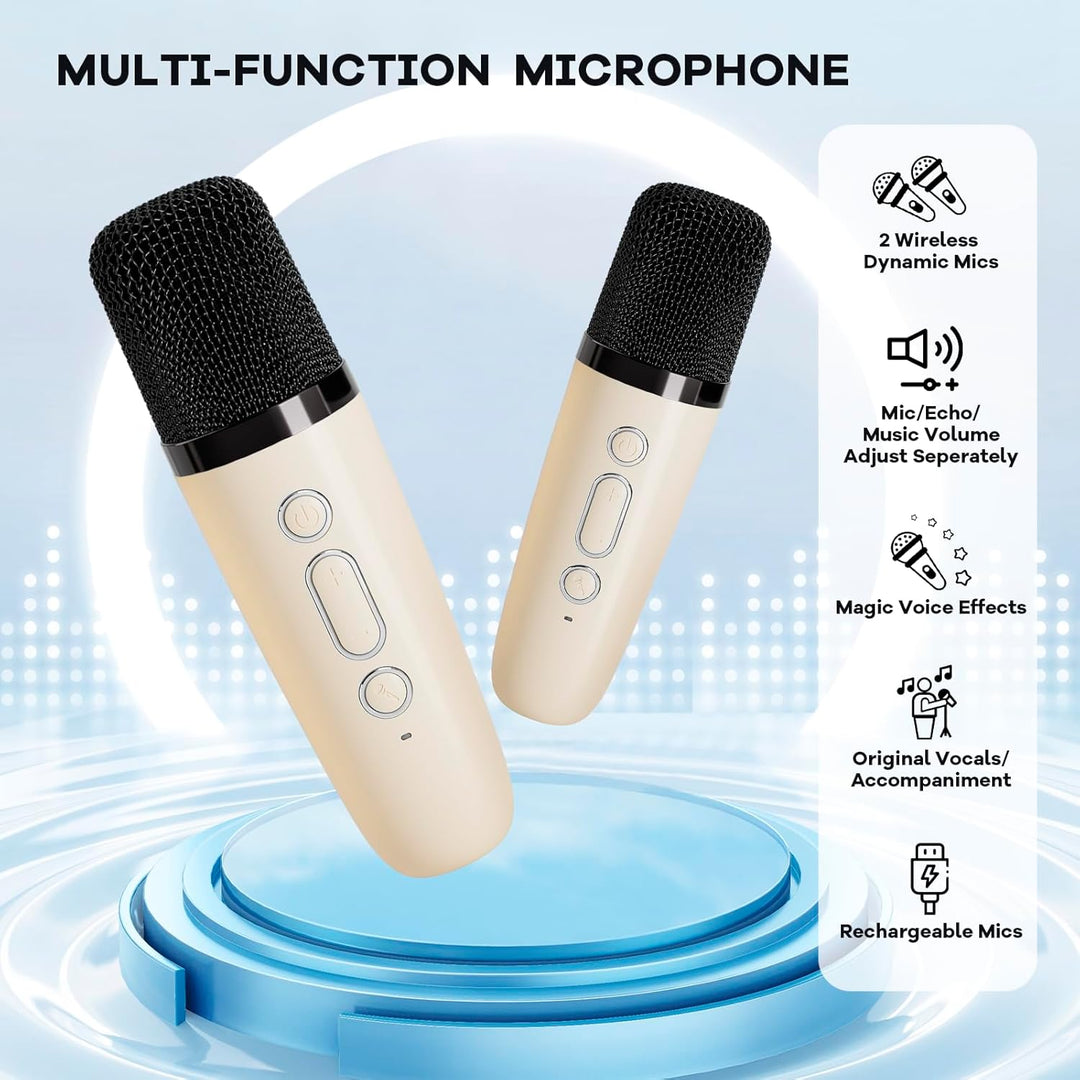 Přenosný mini karaoke přístroj s Bluetooth reproduktorem a 2 bezdrátovými mikrofony – Veylo