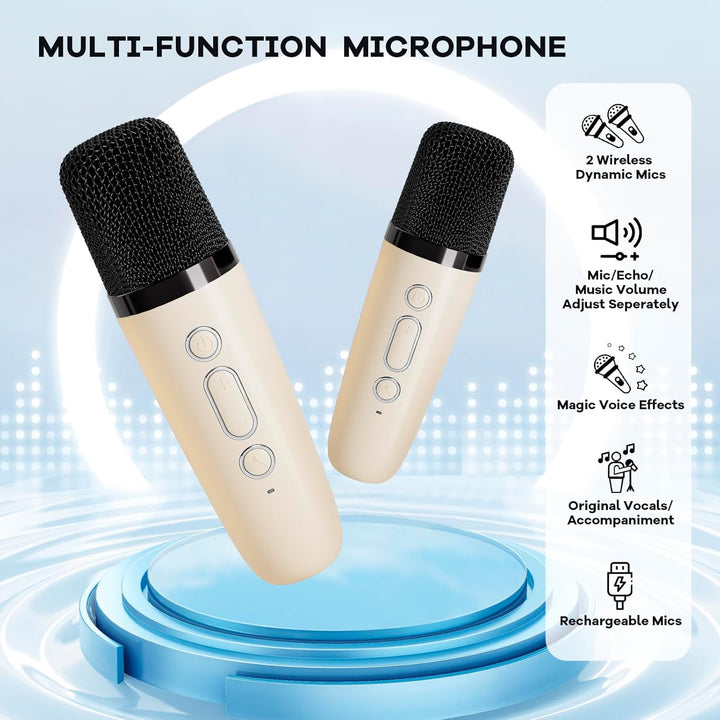 Přenosný mini karaoke přístroj s Bluetooth reproduktorem a 2 bezdrátovými mikrofony – Veylo