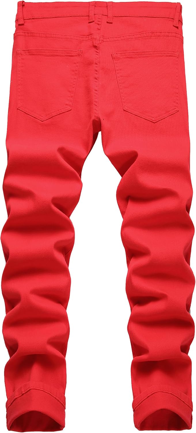 Rote Herrenjeans, Slim Fit, Baumwolle, Rückansicht, modische Freizeitkleidung.