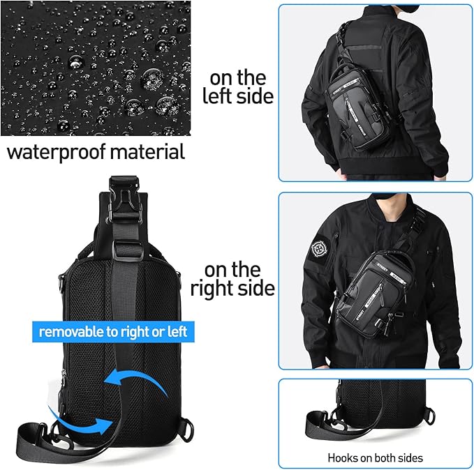 Wasserdichte schwarze Umhängetasche, vielseitig tragbar, mit abnehmbarem Gurt, ideal für Outdoor.