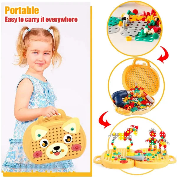 Gelbes tragbares Konstruktionsspielzeug-Set für Kinder, mit bunten Bausteinen und Tiermotiv.