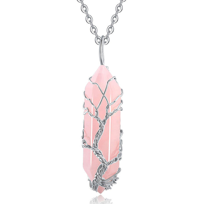 Rosenquarz-Anhänger mit silberner Kette, Baum des Lebens Design, Heilstein Schmuck.