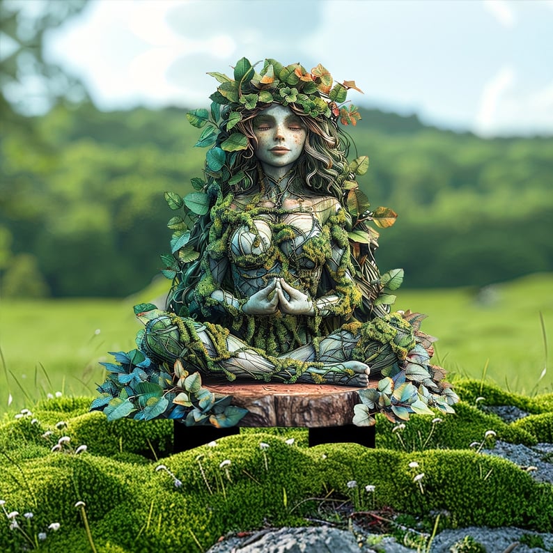 Zápich s meditující lesní ženou s věncem z listů, sedící na dřevěném pařezu, před zelenou loukou a kopci. 5