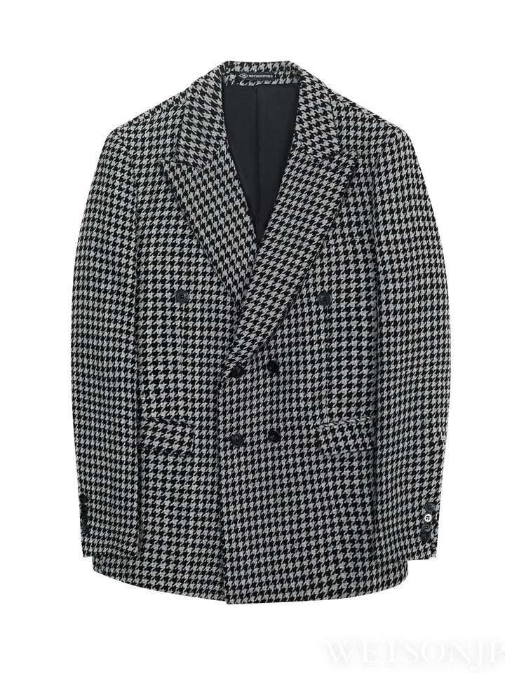 Schwarz-weißer Hahnentritt-Blazer, zweireihig, Herrenmode, eleganter Anzugjacke.