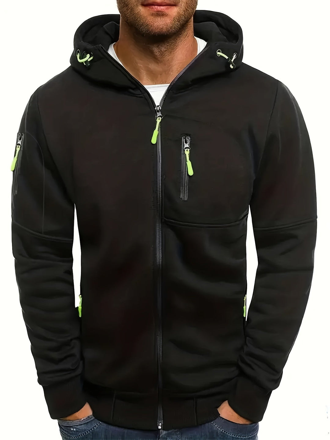 Schwarze Herren-Kapuzenjacke mit Reißverschlüssen, sportlich, lässig, Baumwolle, modisch.