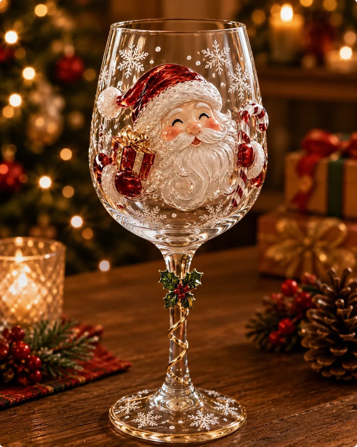 Sklenice s reliéfním Santa Clausem s dárkem a cukrovou holí, na dřevěném stole s vánoční výzdobou 1