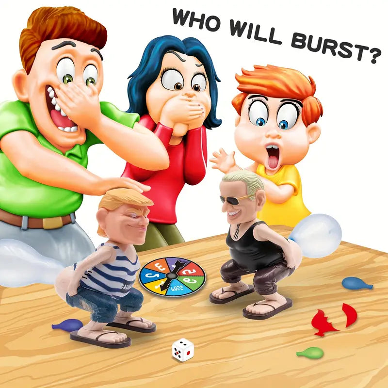 Vier animierte Figuren spielen ein Ballonspiel mit Würfel und Drehscheibe auf Holztisch.