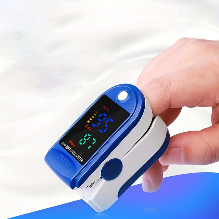 Blauer Fingerpulsoximeter, misst Sauerstoffsättigung und Puls, tragbar, digital, medizinisch.