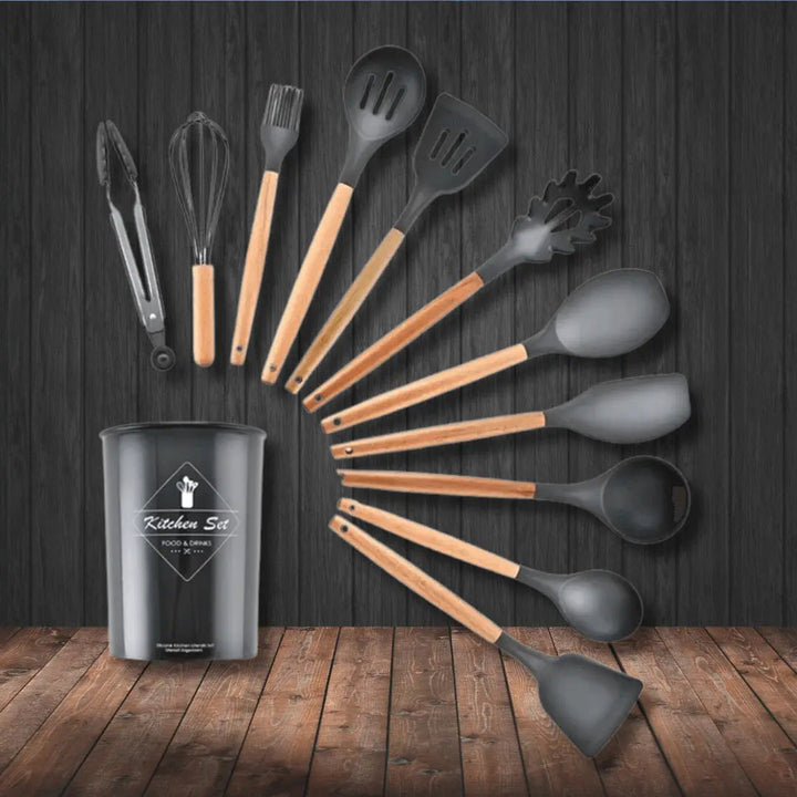 11-teiliges Küchenutensilien-Set mit Holzgriffen, schwarz, inklusive Halter, ideal zum Kochen.