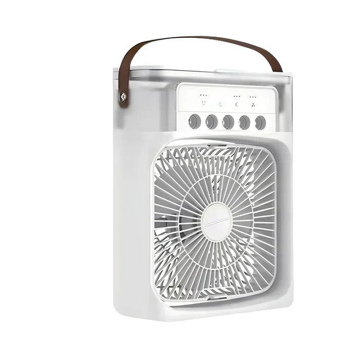Weißer tragbarer Ventilator mit Griff, quadratisches Design, ideal für Sommerabkühlung.