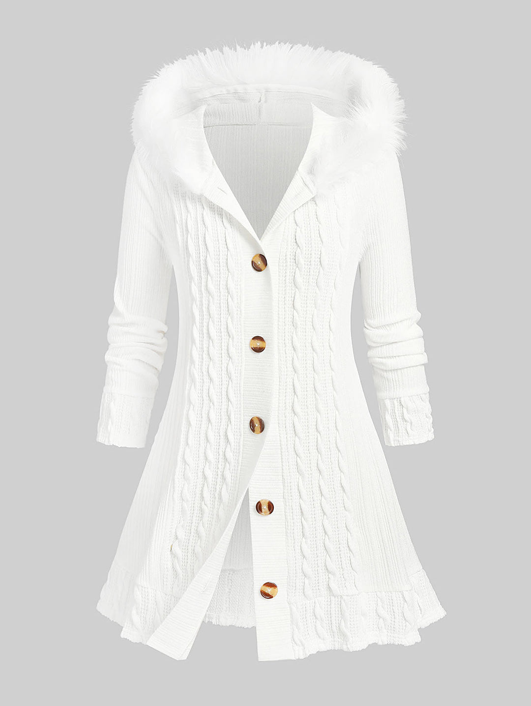 Weiße Strickjacke mit Kapuze, Kunstpelzbesatz, Knöpfen, Damenmode, Winterkleidung.