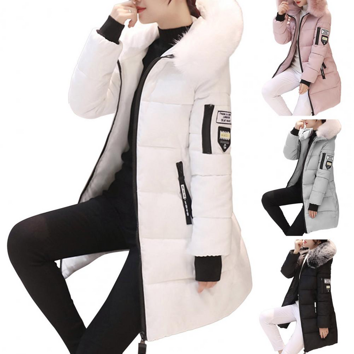 Damen Winterjacke mit Kapuze, weiß, warm, modisch, mit Reißverschluss, Kunstfellkragen.