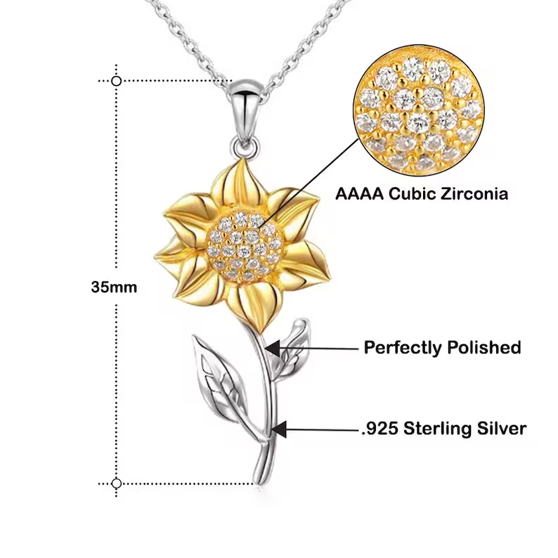 Sonnenblumen-Anhänger aus 925er Sterlingsilber mit AAAA Zirkonia, perfekt poliert.