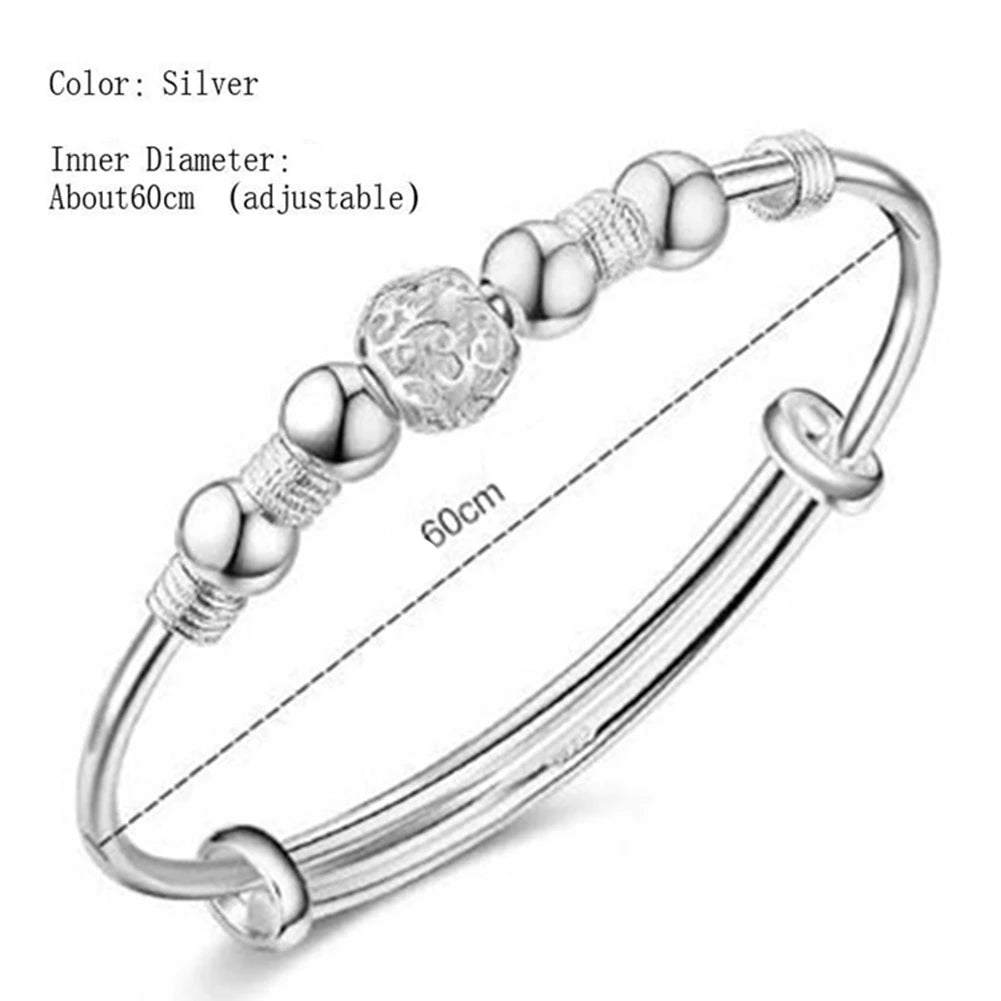 Silbernes Armband, verstellbar, 60 cm, mit Perlen und Kugeln, elegantes Schmuckdesign.