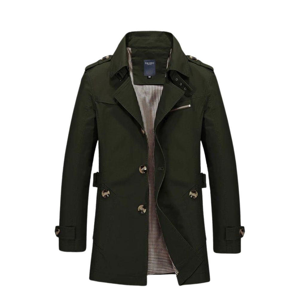Dunkelgrüner Herren-Trenchcoat, zweireihig, Baumwolle, klassischer Stil, Herbstmode.