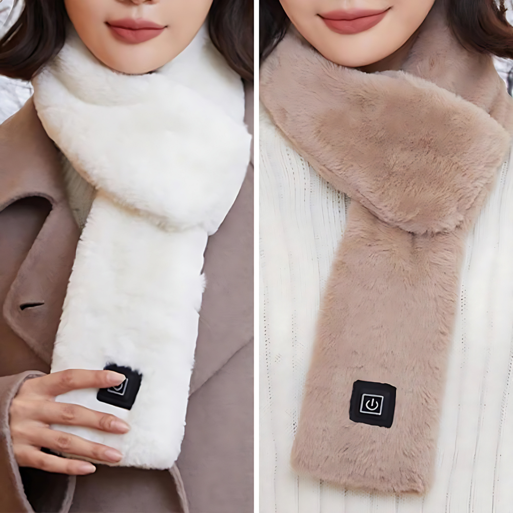 Flauschiger beheizbarer Schal, weiß und beige, Damenmode, Winteraccessoire, weiches Material.