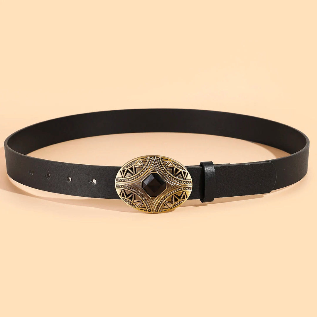 Schwarzer Ledergürtel mit goldener, verzierter Schnalle, modisches Accessoire.