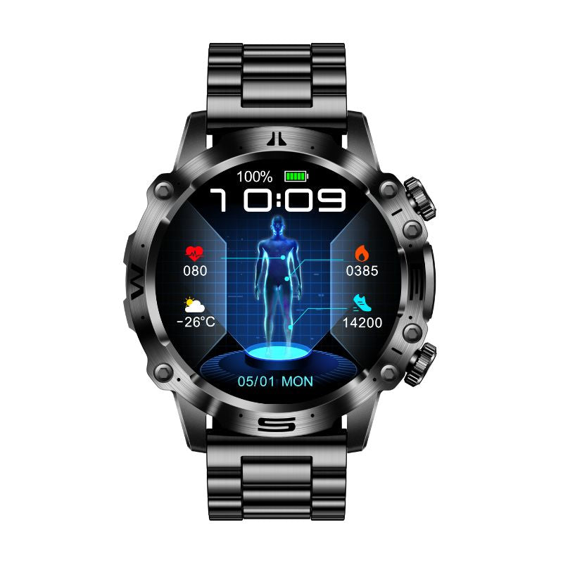 Smartwatch mit Metallarmband, Gesundheits-Tracking, digitalem Display, schwarz, modern.