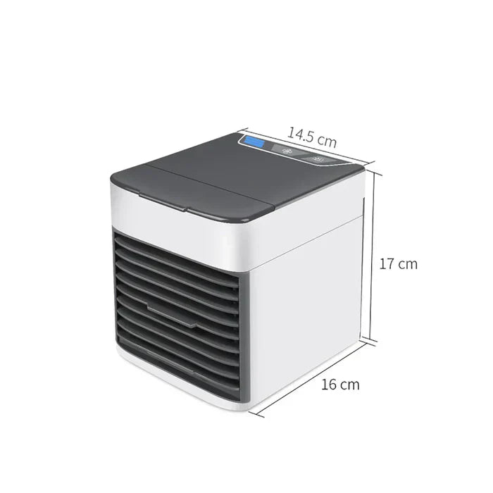 Tragbare Mini-Klimaanlage, weiß, 14,5x16x17 cm, USB-betrieben, kompakt, energiesparend.