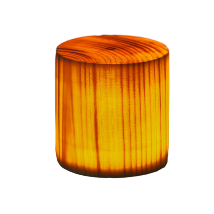 Zylindrische Holzlampe, warmes Licht, dekorative Beleuchtung, modernes Design, Naturmaterial.