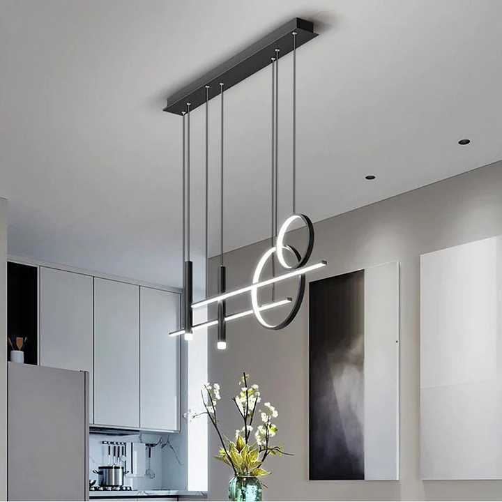 Moderne LED-Pendelleuchte schwarz, geometrisches Design, Wohnzimmer, Esszimmer, minimalistisch