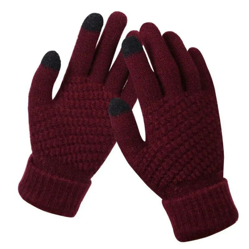Bordeauxrote Strickhandschuhe mit Touchscreen-Funktion, warme Winterhandschuhe für Damen und Herren.