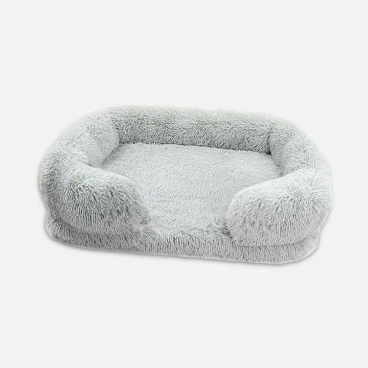 Graues, flauschiges Hundebett, oval, waschbar, gemütlich, Haustierbett für kleine Hunde.