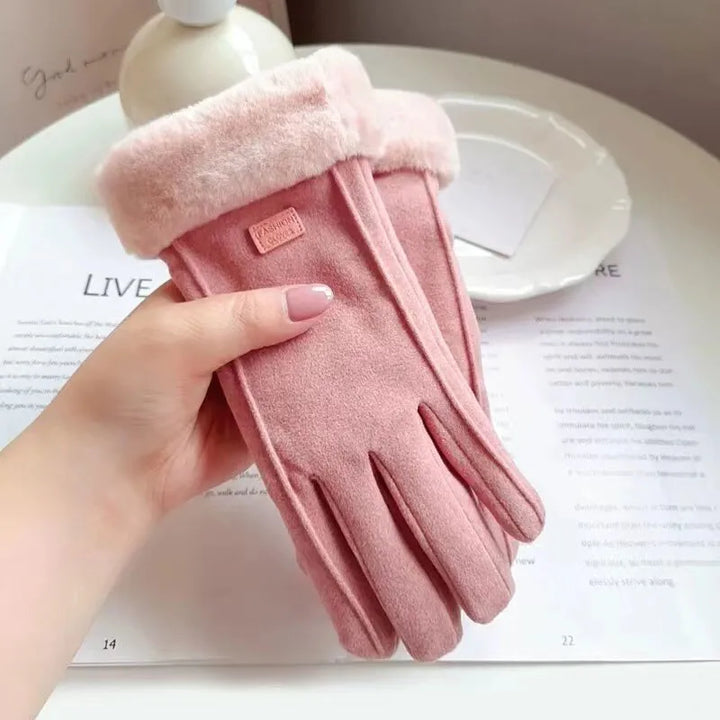 Rosa Damenhandschuhe aus Wildleder mit Plüschfutter, elegant und warm für den Winter.